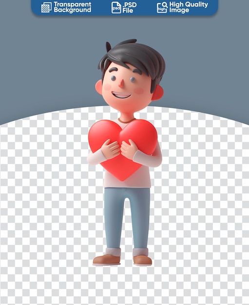 3D Illustration of a Cute Happy Man with a Big Red Heart Chibi Cartoon Style