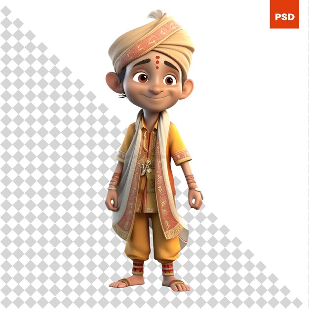 PSD 3d illustration of a cute indian boy with hindu costume isolated on white background