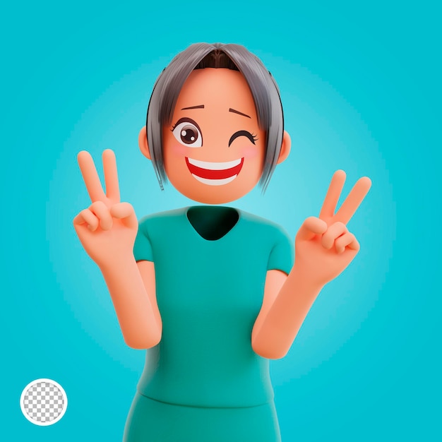 3d illustration cute nurse shows peace sign gesture laughing and smiling posing happy