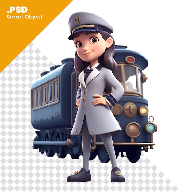 3D illustration of a cute police woman with train on a white background PSD template