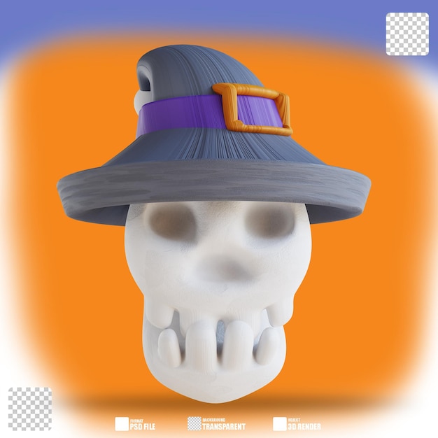 3d illustration cute skull with witch hat