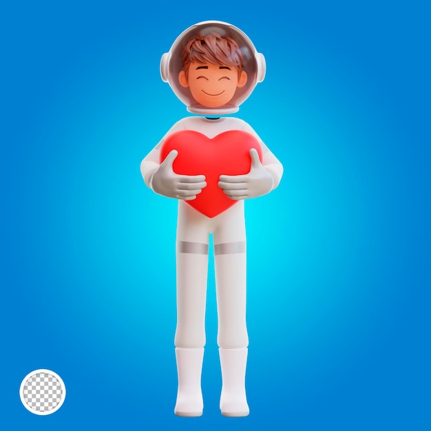 3d illustration cute spaceman astronaut  hug heart shaped balloon