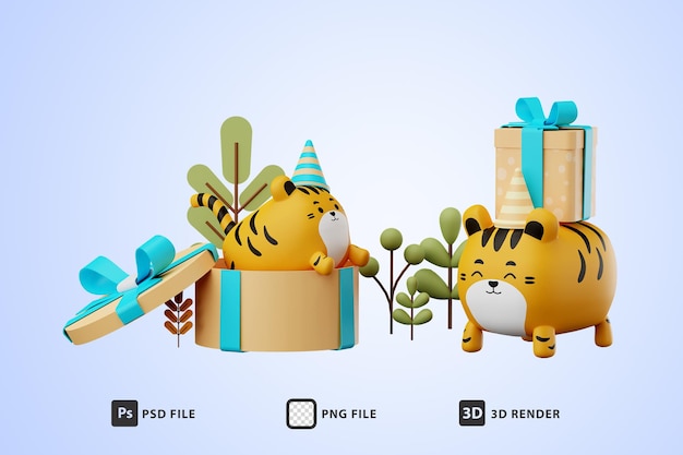 3D illustration cute tiger with gift. Chinese new year symbol