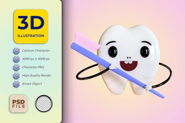 3d illustration cute tooth cartoon character brushing teeth with happy face