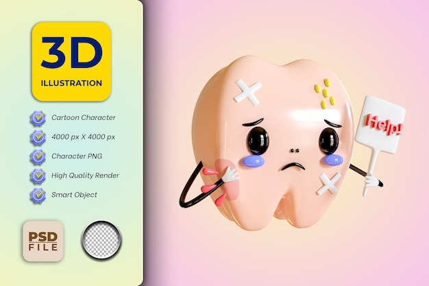 3d illustration Cute tooth cartoon character having toothache with sad face