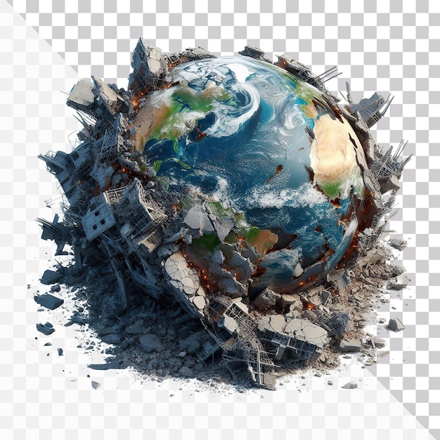 PSD 3d illustration of a damaged and broken earth planet isolated on a transparent background