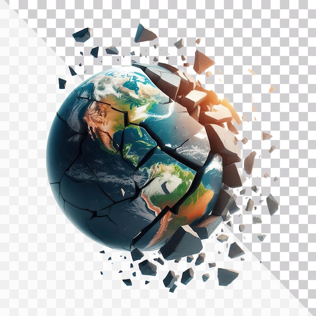 PSD 3d illustration of a damaged and broken earth planet isolated on a transparent background