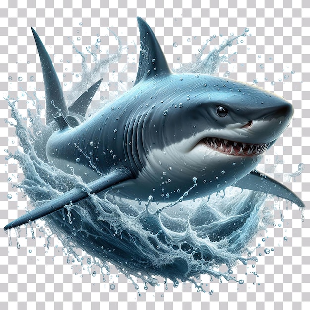 PSD 3d illustration of a dangerouse wet shark with water splash isolated on a transparent background