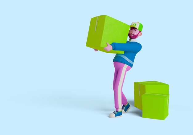 PSD 3d illustration of delivery man character holding delivery box