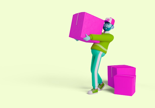 PSD 3d illustration of delivery man character holding delivery box