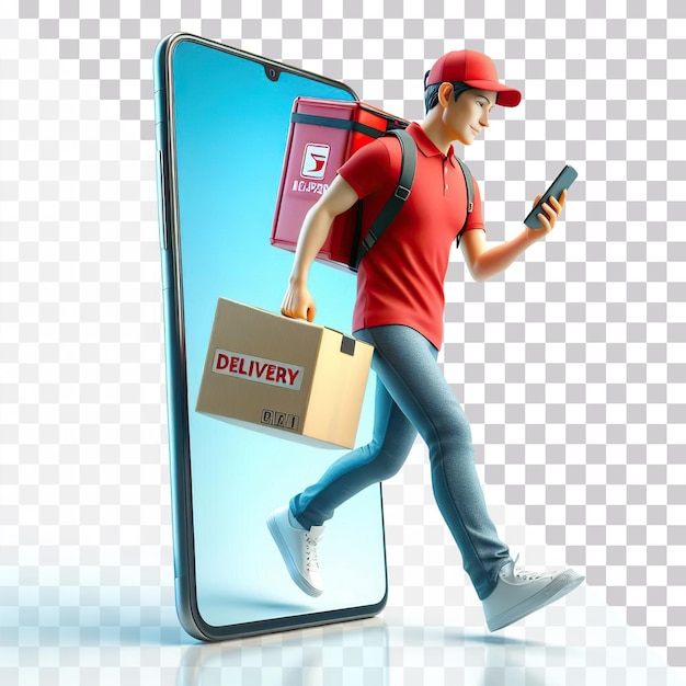 PSD 3d illustration of a delivery man comeing out from smart phone isolated on a transparent background