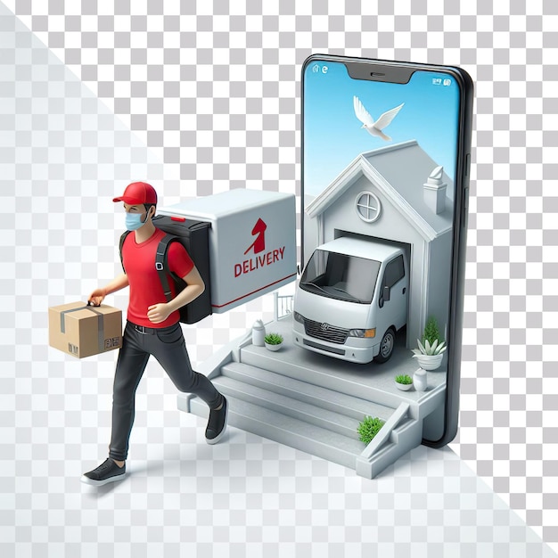 3d illustration of a delivery man comeing out from smart phone isolated on a transparent background