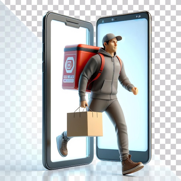 PSD 3d illustration of a delivery man comeing out from smart phone isolated on a transparent background