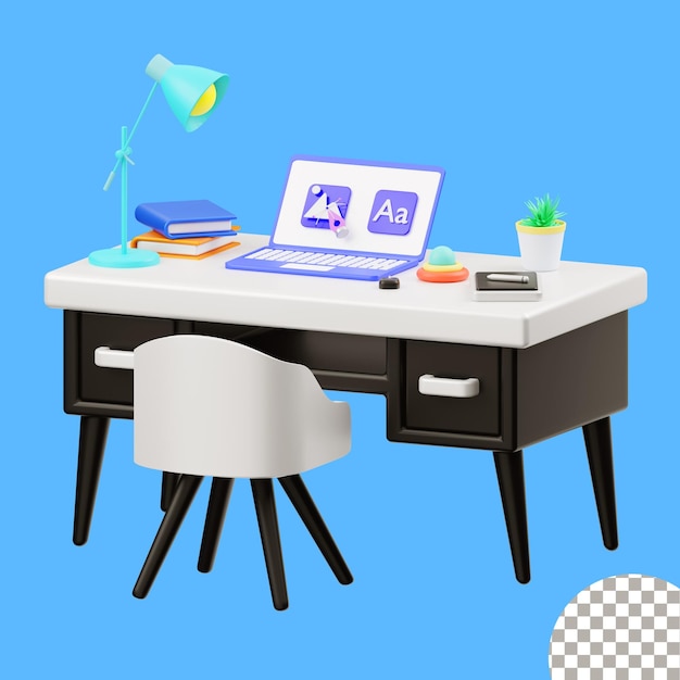 3d illustration of a desk with a laptop and digital marketing illustration