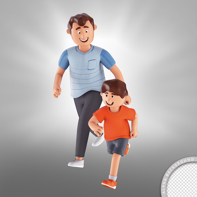 3d illustration father and son walking side by side