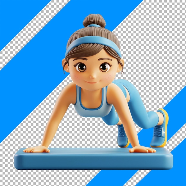 3D Illustration of Fitness Girl Exercising on Aerobic Step in Blue Sportswear