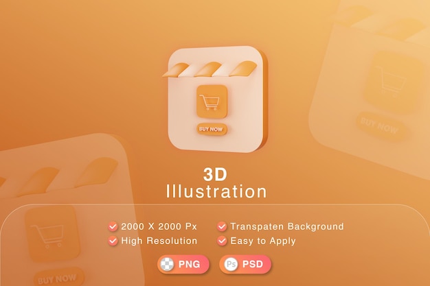 3D Illustration franchise store with supermarket trolley for shopping