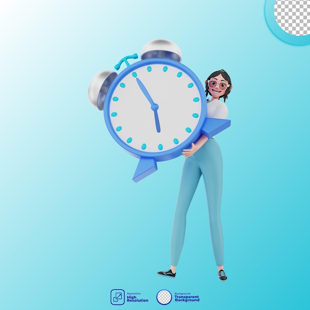 3d illustration of girl holding alarm