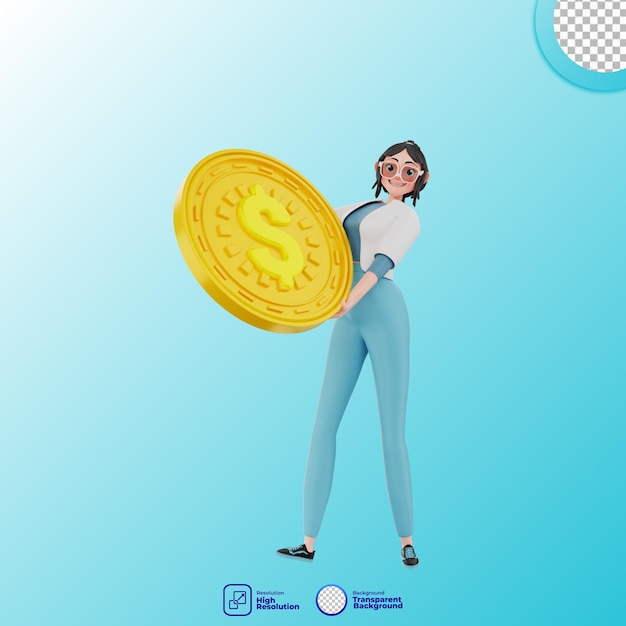 3d illustration of girl with coins