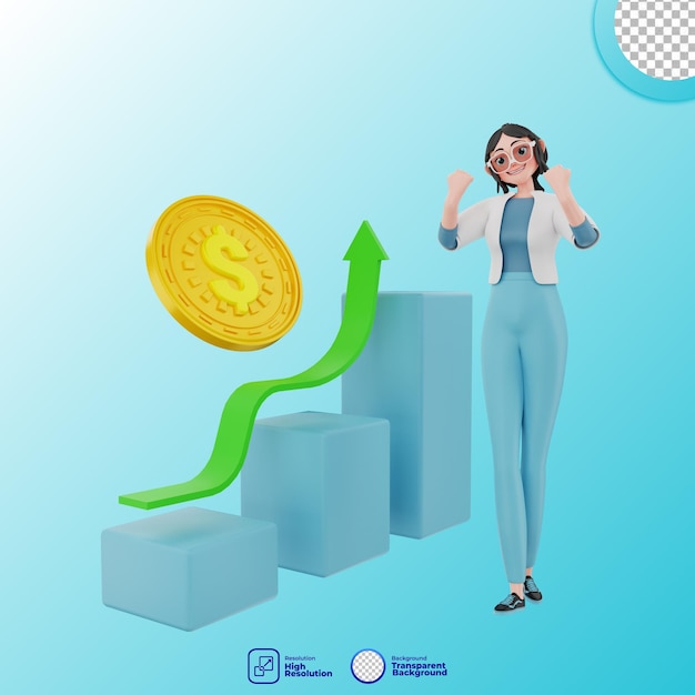 3d illustration of girl with money chart rising