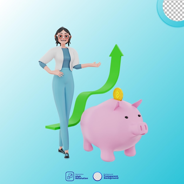 3d illustration of girl with piggy bank