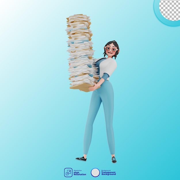 3d illustration of girl with pile of files