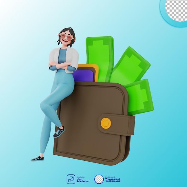 3d illustration of girl with wallet