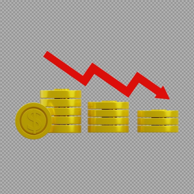 3D illustration of gold coin money with dollar sign on it and bar graph in transparent background