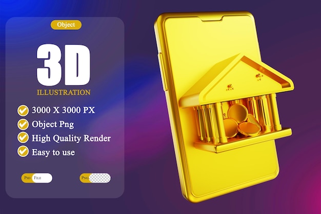 3D illustration golden mobile banking