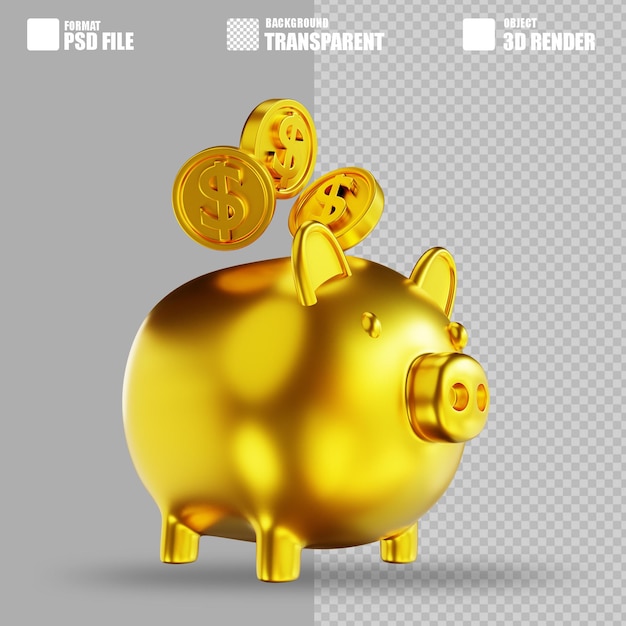 3D illustration golden piggy bank and coins