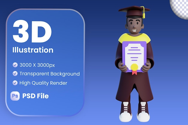 3d illustration of graduated student holding certificate