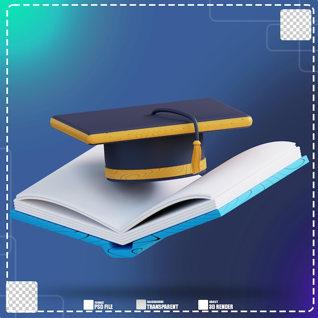 3D illustration of graduation hat and book 2