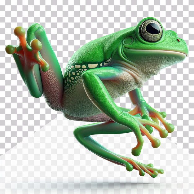 3d illustration of a green frog jumping on a transparent background