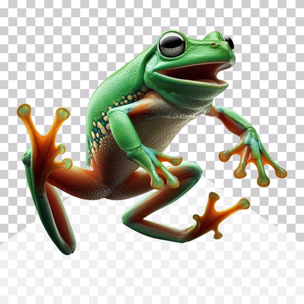 3d illustration of a green frog jumping on a transparent background