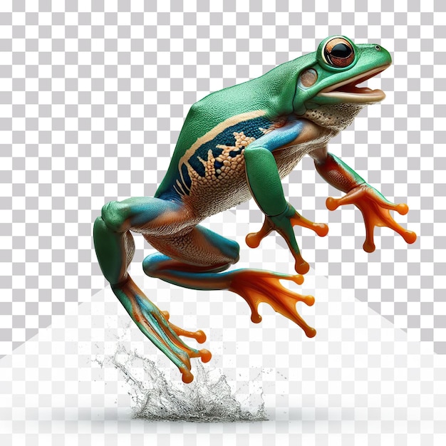 3d illustration of a green frog jumping on a transparent background