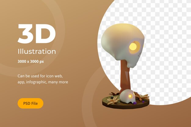 3D Illustration Halloween, skull with wood, for web, app, celebration, etc