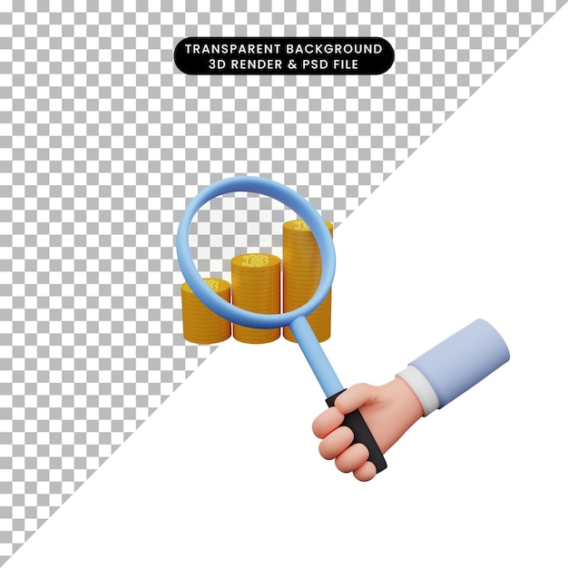 3d illustration of hand holding a magnifying glass to stack of coin