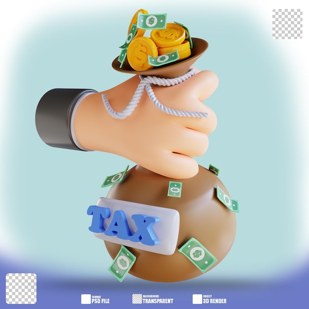 3D illustration hand holding money bag and tax 2