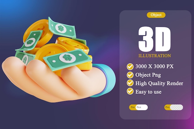 3D illustration hand holding pile of money