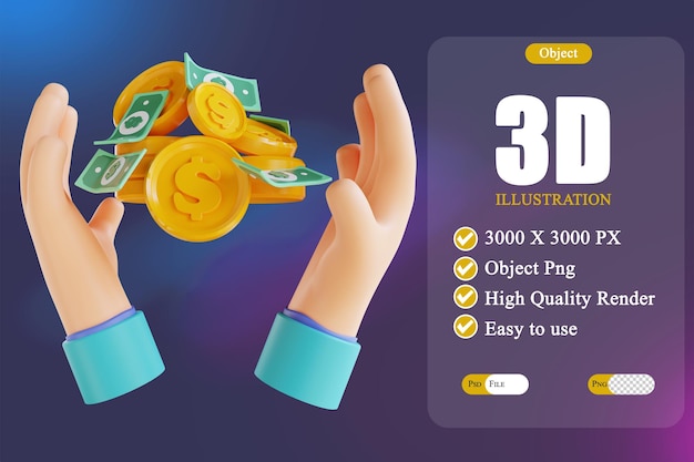 3D illustration hand and pile of money 3