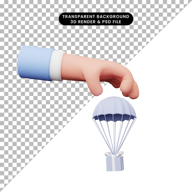 3d illustration of hand with gift box with parachute