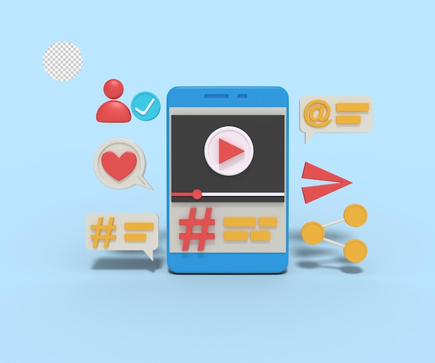 3d illustration of hashtag video on mobile