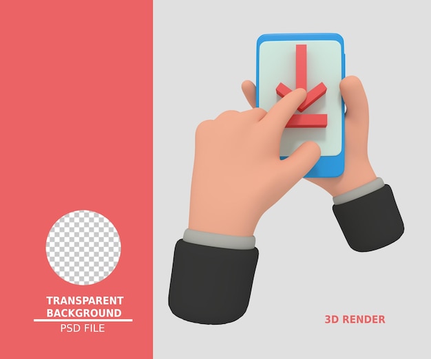 3d illustration of holding smartphone with download icon