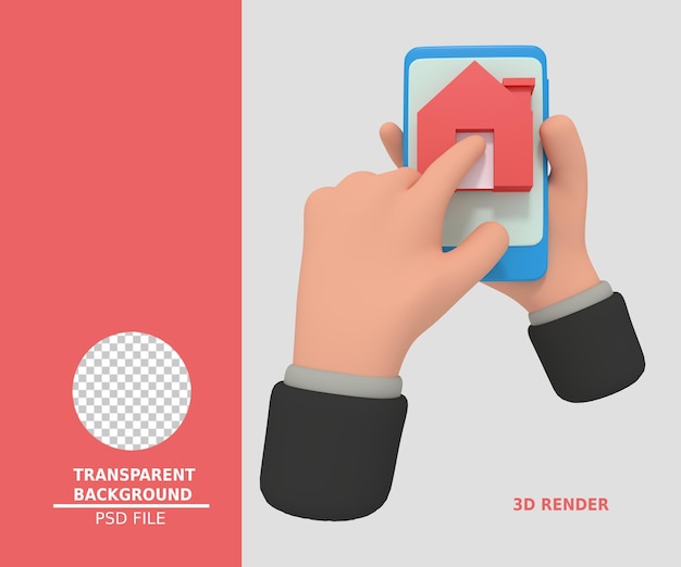 3d illustration of holding smartphone with home icon