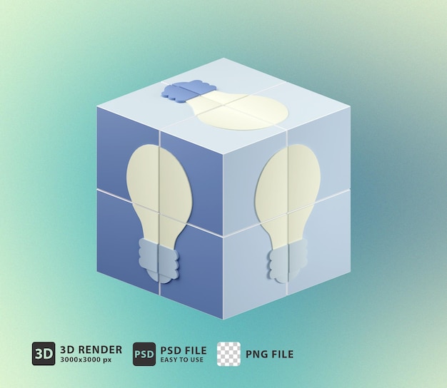 3d illustration ideas creativity, light bulb on rubik