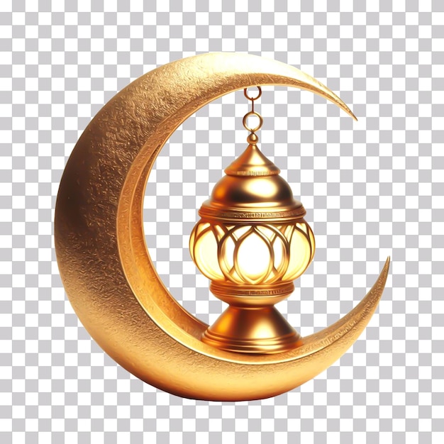 3d illustration of an islamic decoration from golden crescent moon with a lamp in it