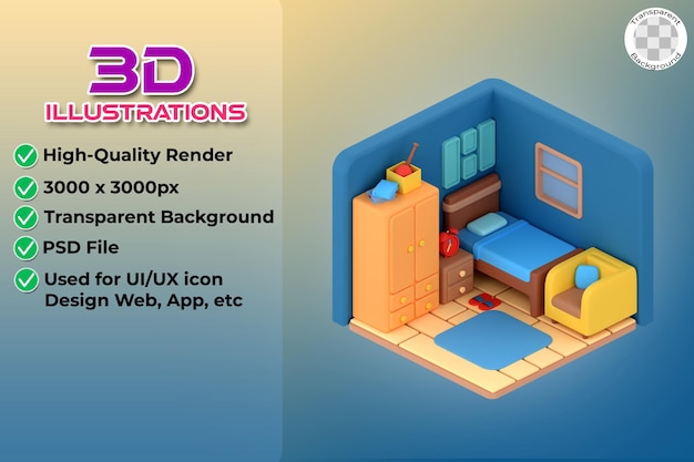 3d illustration isometric low poly bedroom cute design Object on a transparent background