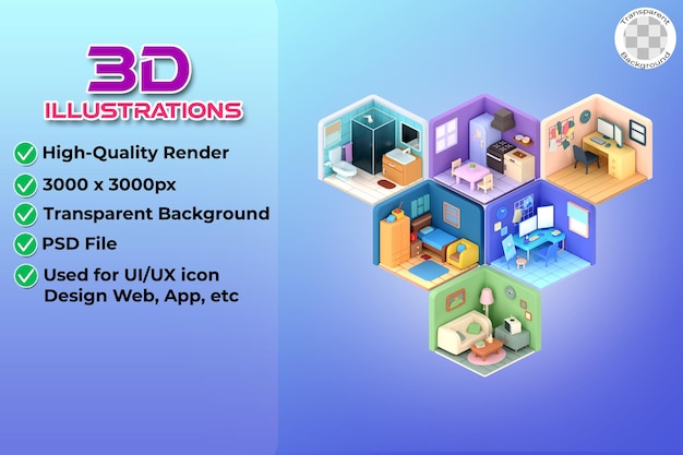 3d illustration isometric low poly room cute design Object on a transparent background