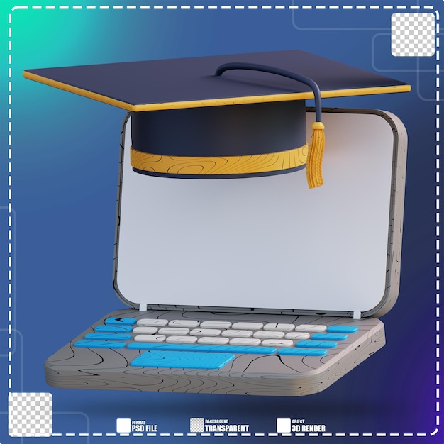 3D illustration laptop and online graduation 3