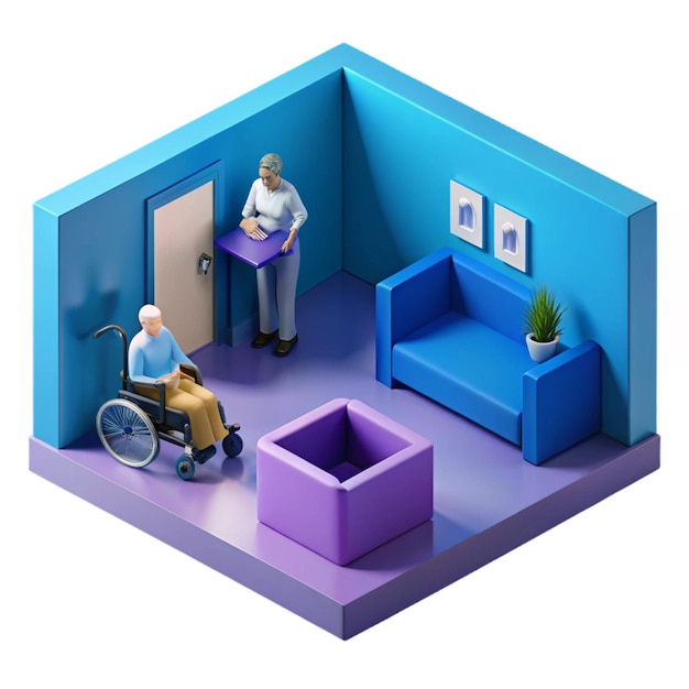 PSD a 3d illustration of a living room with a man in a wheelchair and a couch in the corner